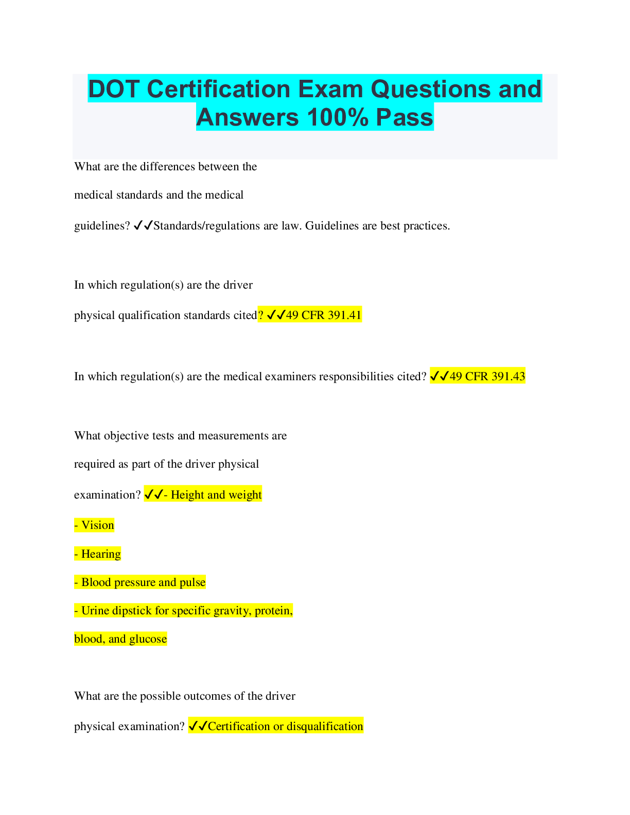 DOT Certification Exam Questions and Answers 100 Pass